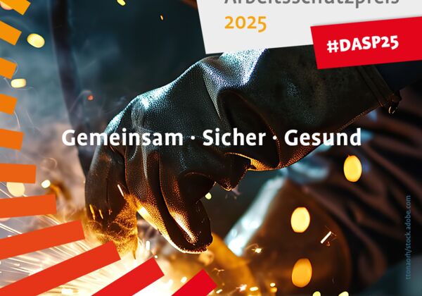 Quadratisches Keyvisual des Deutschen Arbeitsschutzpreises mit Logo und Claim: Gemeinsam. Sicher. Gesund.