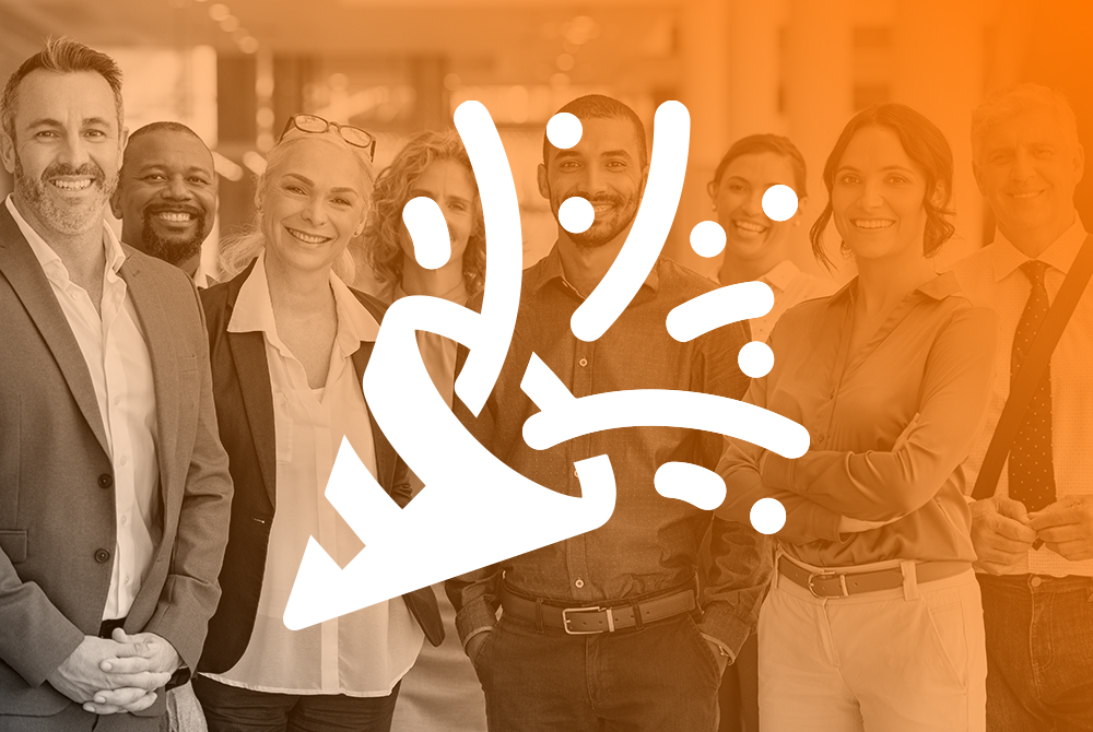 Menschgruppe mit Feuerwerks-Grafik